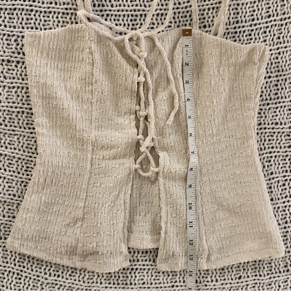 Windsor White Cream Ivory Boho Coquette Lace Up Crinkle Knit Top Size Small - Picture 5 of 8